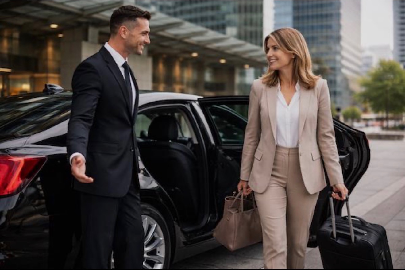 A chauffeur assists a passenger beside a sedan.
