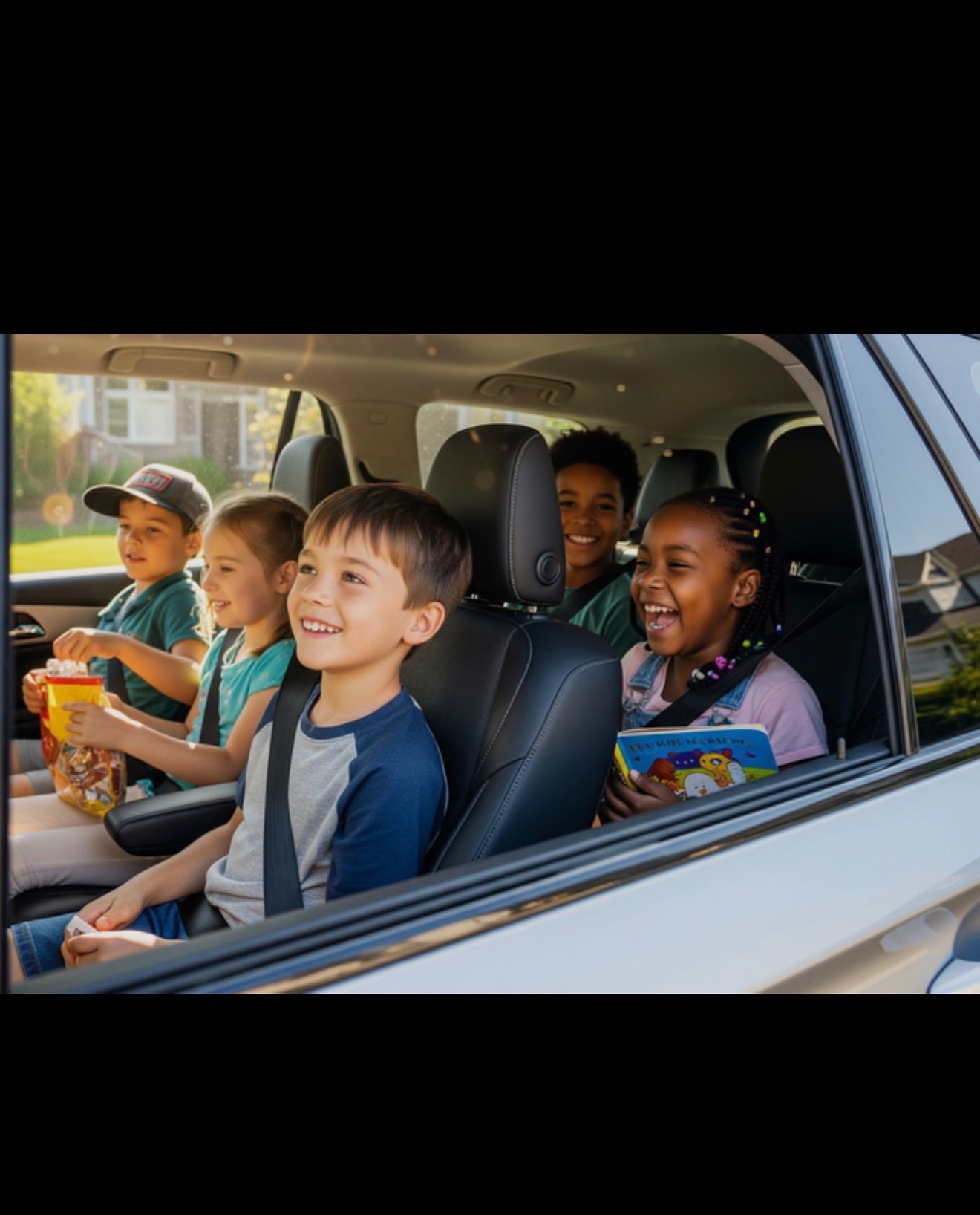 Children riding together in a car for school transportation.