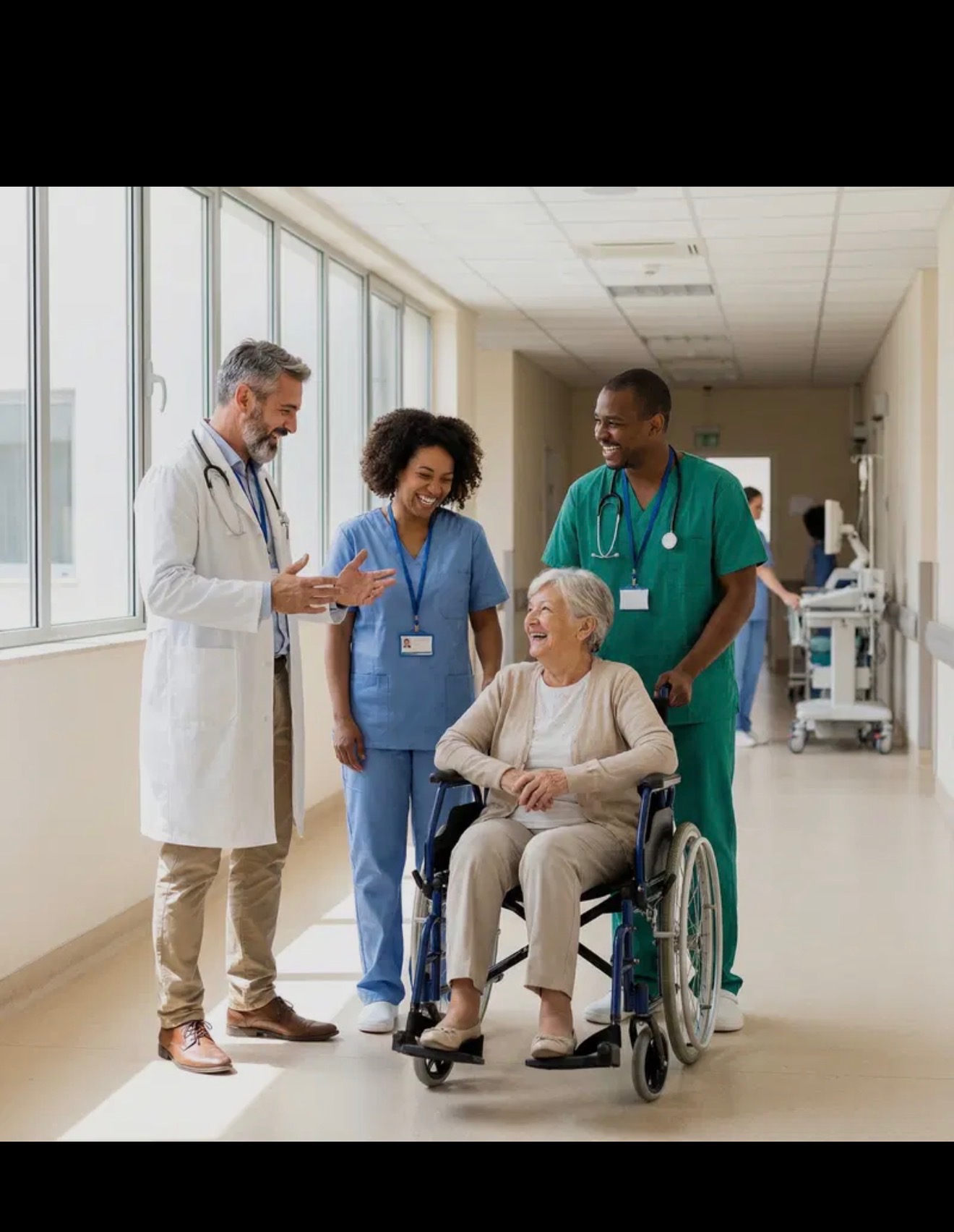 A care team assists an older wheelchair user in a hospital corridor.