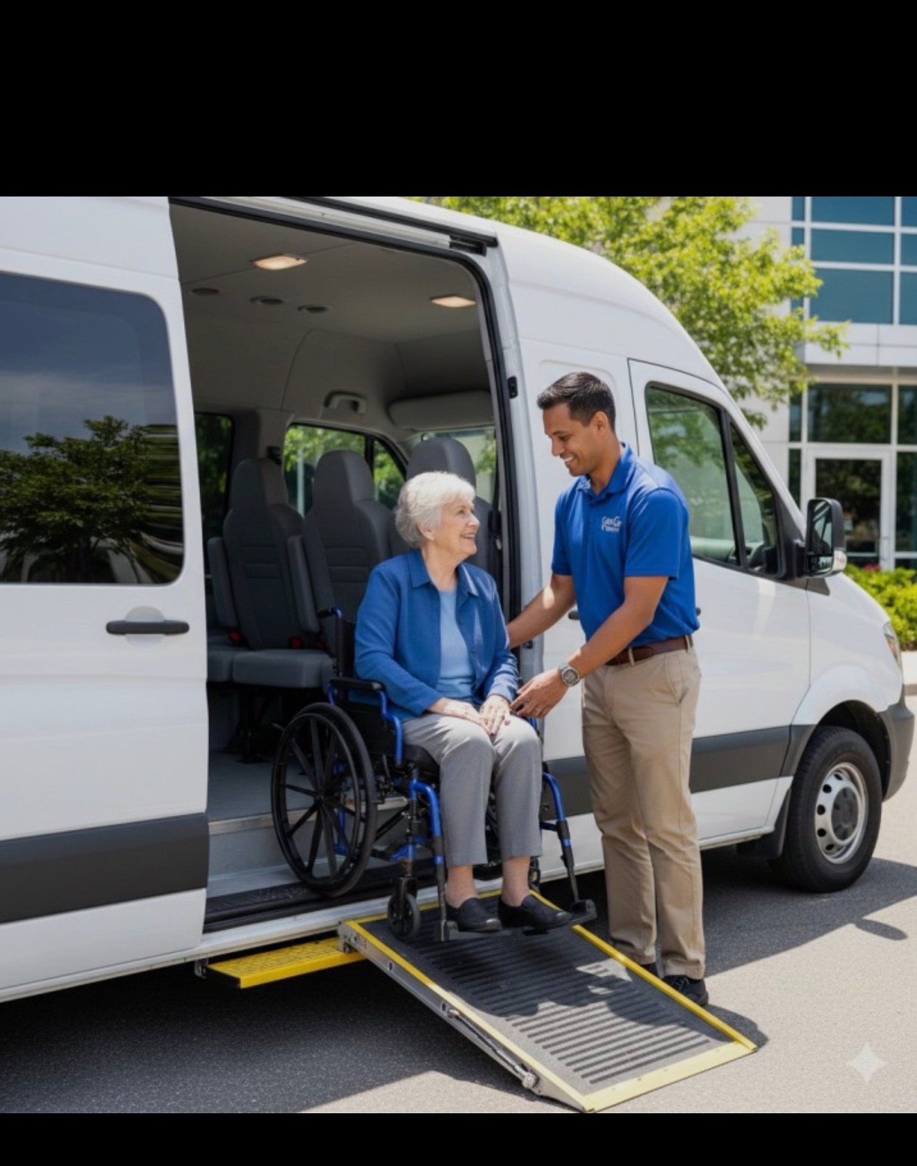 A wheelchair passenger boards an accessible van with assistance.